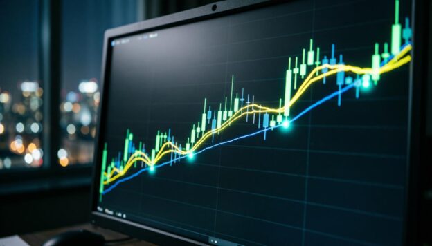 Крупный план профессионального торгового монитора, показывающего график свечей Форекс с несколькими плавными светящимися скользящими средними линиями — быстрая жёлтая EMA и медленная синяя SMA, пересекающиеся друг с другом в паттерне «Золотой крест». Ценовые свечи отскакивают от синей линии как динамическая поддержка, с тремя явными точками соприкосновения, выделенными светящимися точками.